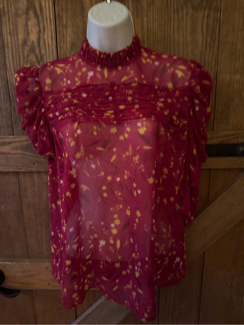 Chelsea28 Burgundy Floral Pintuck Ruffle Blouse